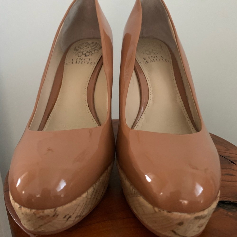 Vince Camuto Nude Patent Platform Pumps with Cork Sole